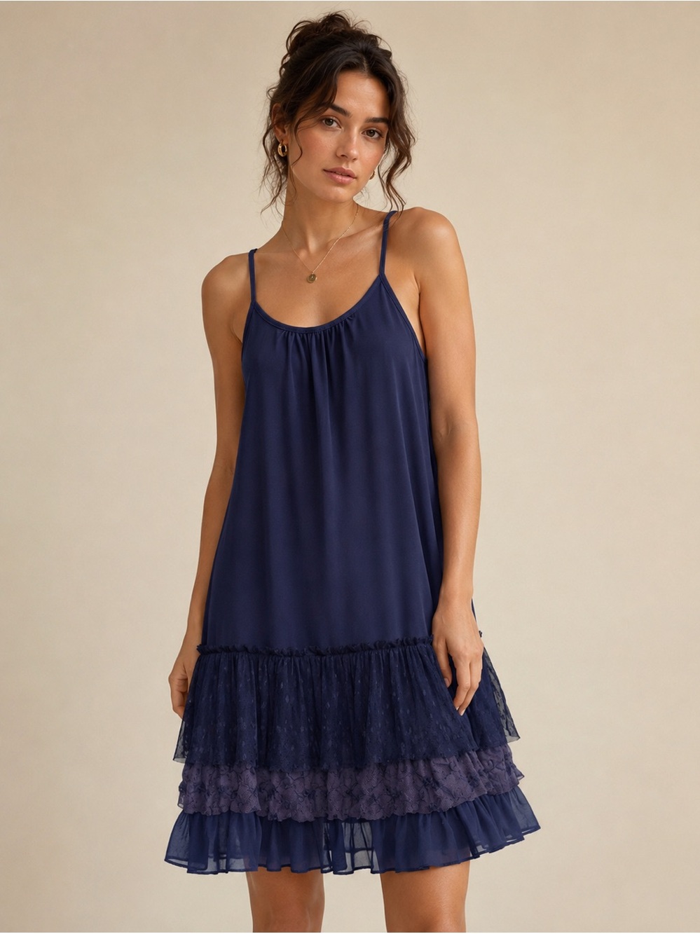 Anthropologie A’REVE Navy Lace Ruffle Slip Dress